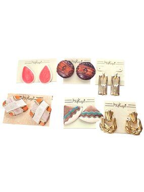 Set Of 6 Vintage By Hugo Earrings - Retro Designs In Gold Copper & Colorful Acce